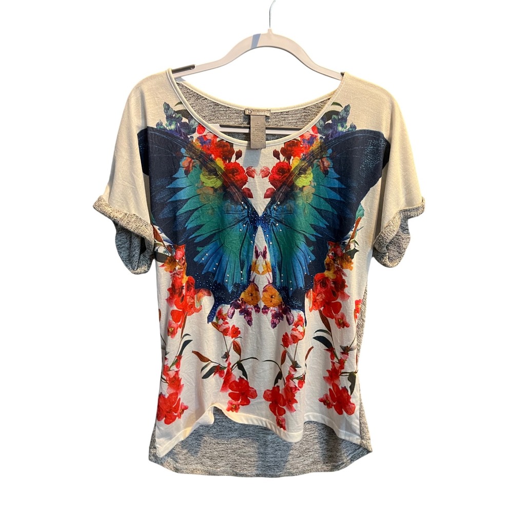 New Directions Weekend Butterfly Floral Graphic Tee Rhinestone Gray White Large